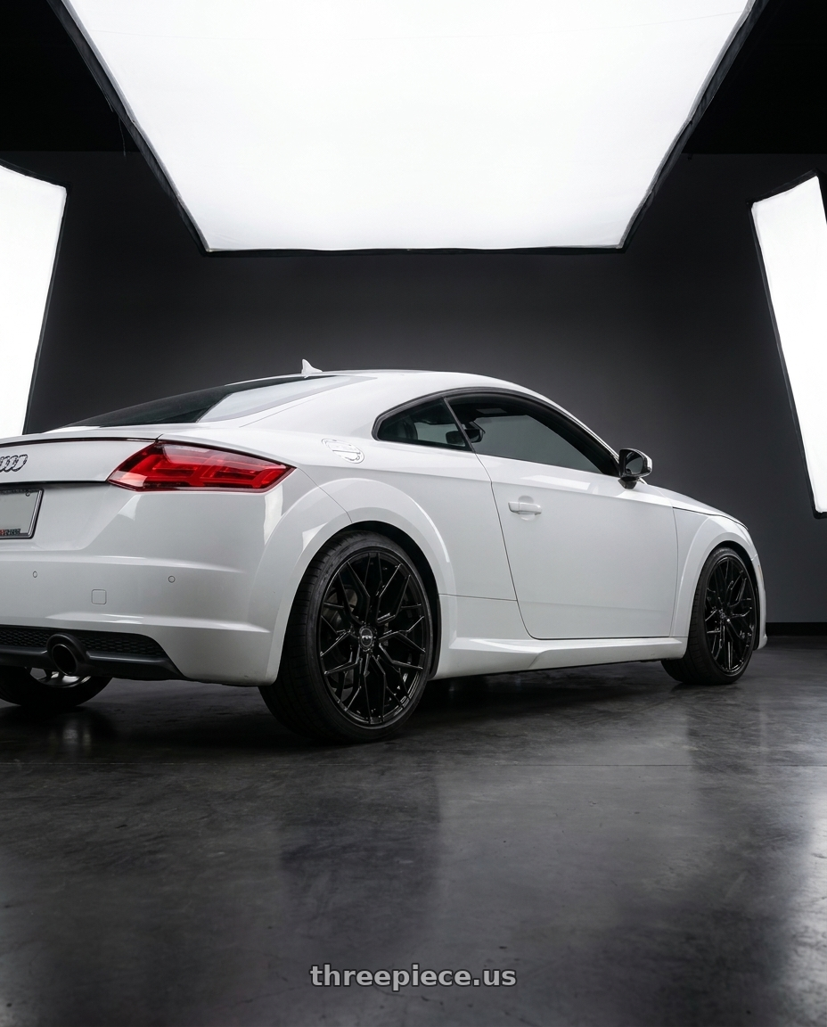 2017 Audi TT with F1R FS3 5x112 18x8.5 +42 Gloss Black wheels rear three quarter view square tires
