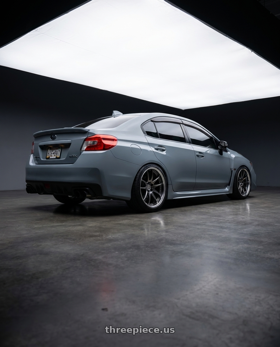 2019 Subaru Wrx series gray with Work Emotion CR2P wheels rear three quarter view square tires