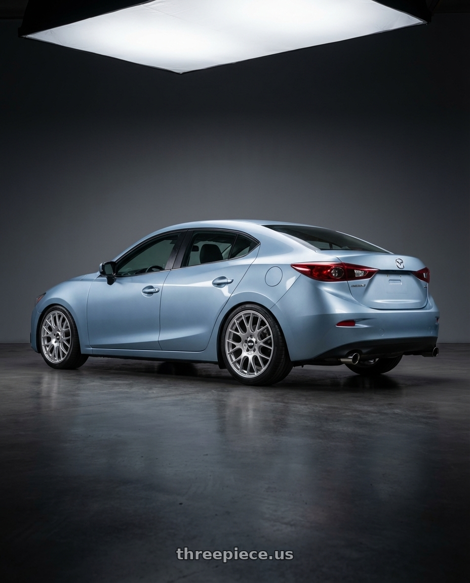 2016 mazda 3 with BBS CH-R 5x114.3 19x8 +38 Brilliant Silver Polished Rim Protector wheels rear three quarter view square tires