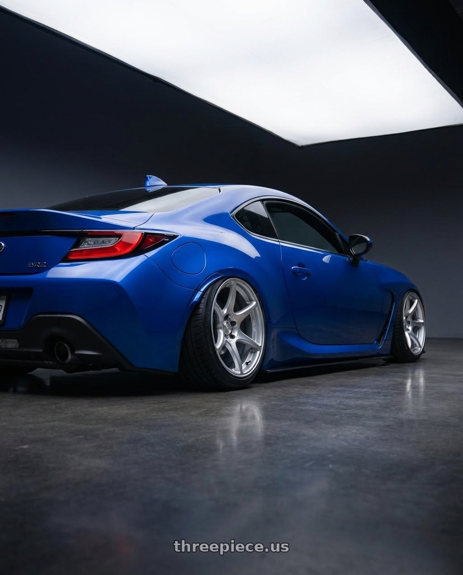 2024 Subaru BRZ with Kansei K11S Tandem 5x114.3 18x9 12 Hyper Silver wheels rear three quarter view slight stretch tires