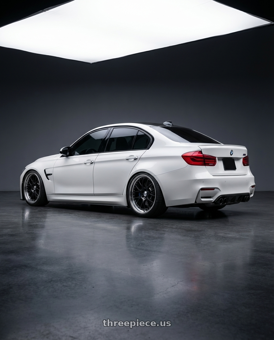 2018 BMW M3  with SSR Professor MS3 4x100 18x9.5+0 HP Disk Flat Black wheels rear three quarter view square tires