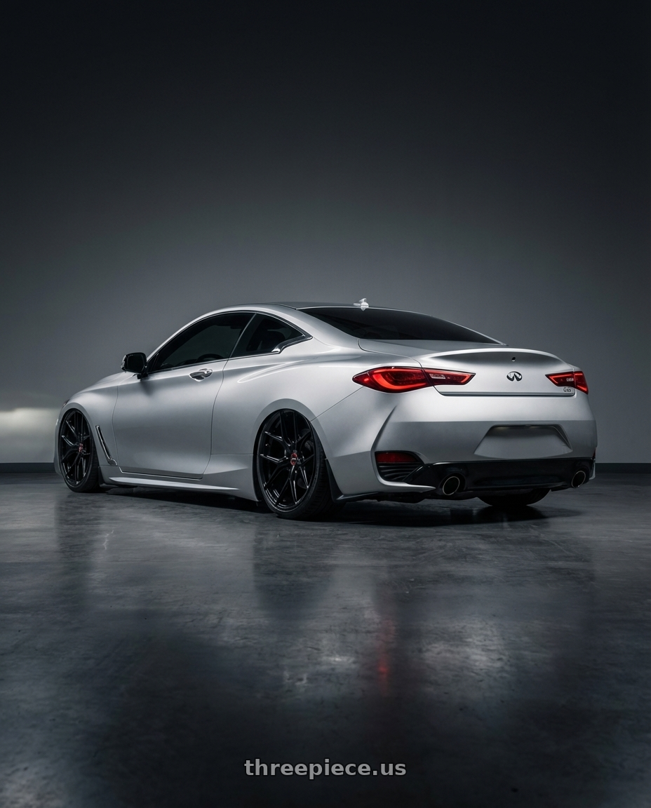 2020 Infiniti Q60 with Vossen HF-5 20x9.5 / 5x114.3 / ET25 / Deep Face / 73.1 -GB - Gloss Black Wheel - HF5-0N07 wheels rear three quarter view slight stretch tires