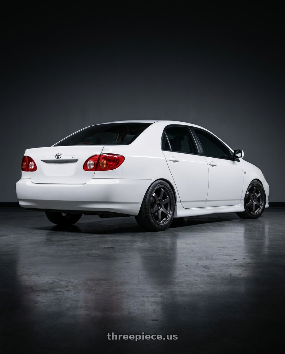 2006 corolla 9gen with Volk Racing TE37 SONIC 4x100 16x7+35 wheels rear three quarter view slight stretch tires