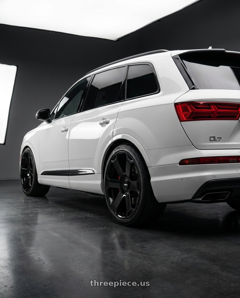 2019 Audi Q7 Prestige 22 with Rotiform 1PC AVS 5X112 22X10.5 +10 GLOSS BLACK wheels rear three quarter view square tires