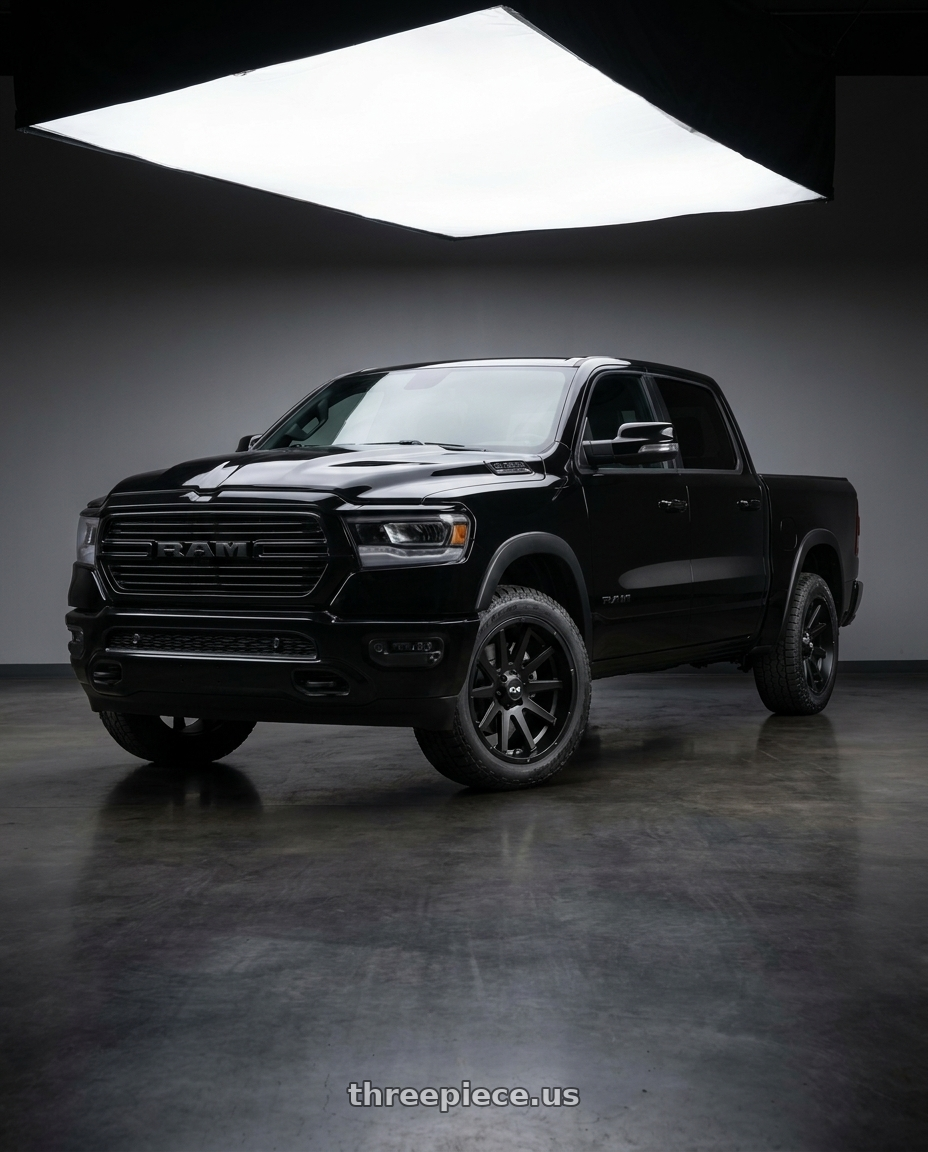 2021 Ram 1500 Laramie fitted with Ion Type 143 6x139.7 20x10-19 Matte Black $315 wheels
