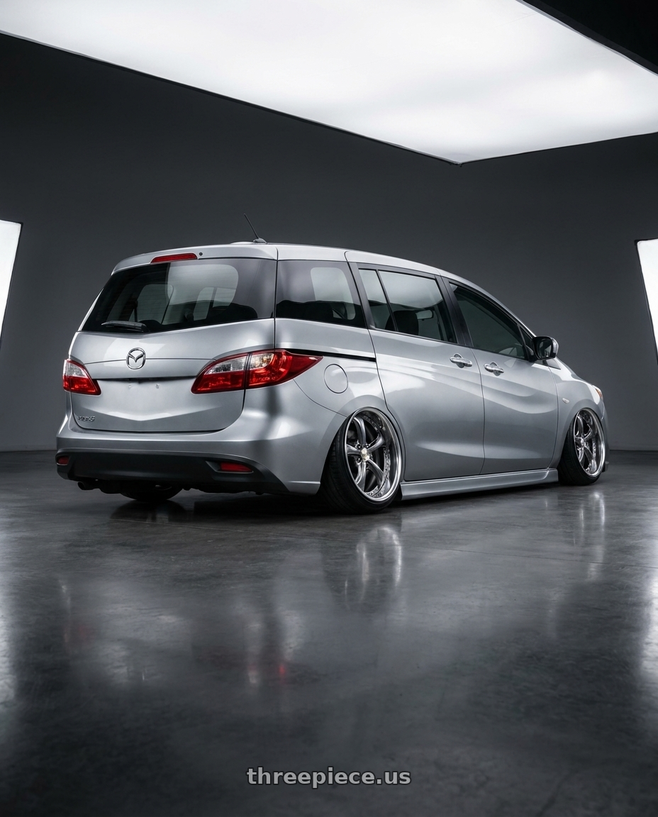 2012 Mazda 5 with Work Wheels VS-KF 5X114.3 19x7.5+34 Brilliant Silver Black A Disk FULL REVERSE wheels rear three quarter view slight stretch tires