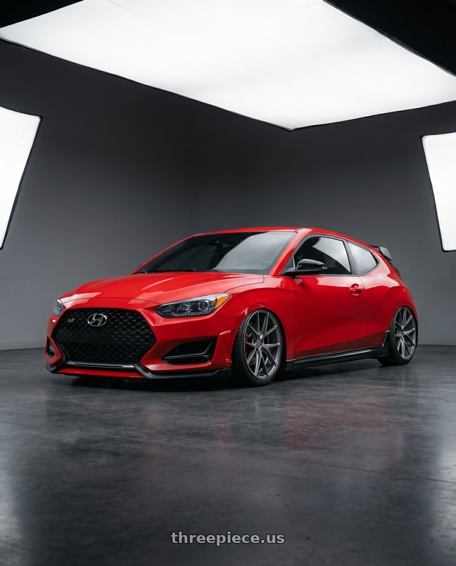 2022 Hyundai Veloster N with Niche 1PC M116 MISANO 5X114.3 19X9.5 +35 MATTE GUN METAL wheels front three quarter view stanced stance