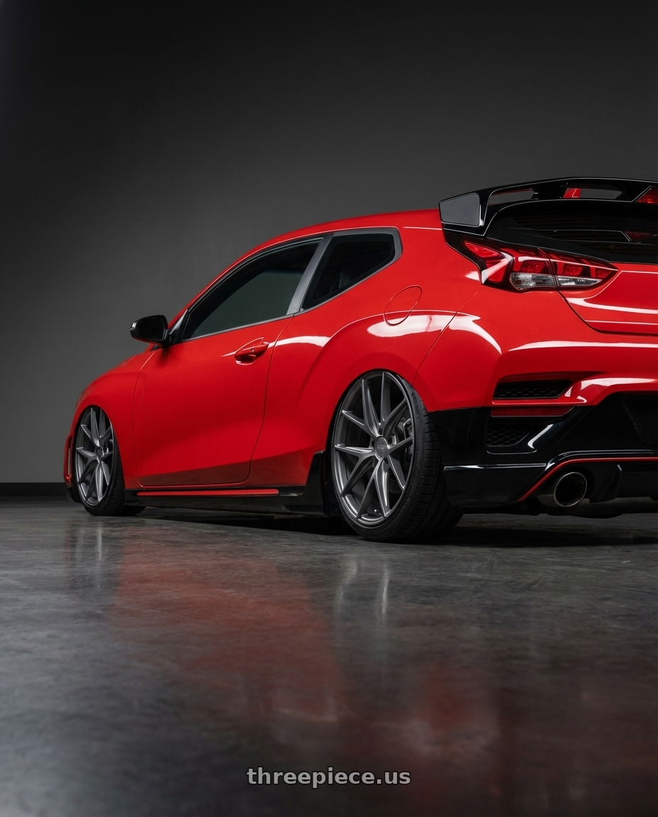 2022 Hyundai Veloster N with Niche 1PC M116 MISANO 5X114.3 19X9.5 +35 MATTE GUN METAL wheels rear three quarter view slight stretch tires