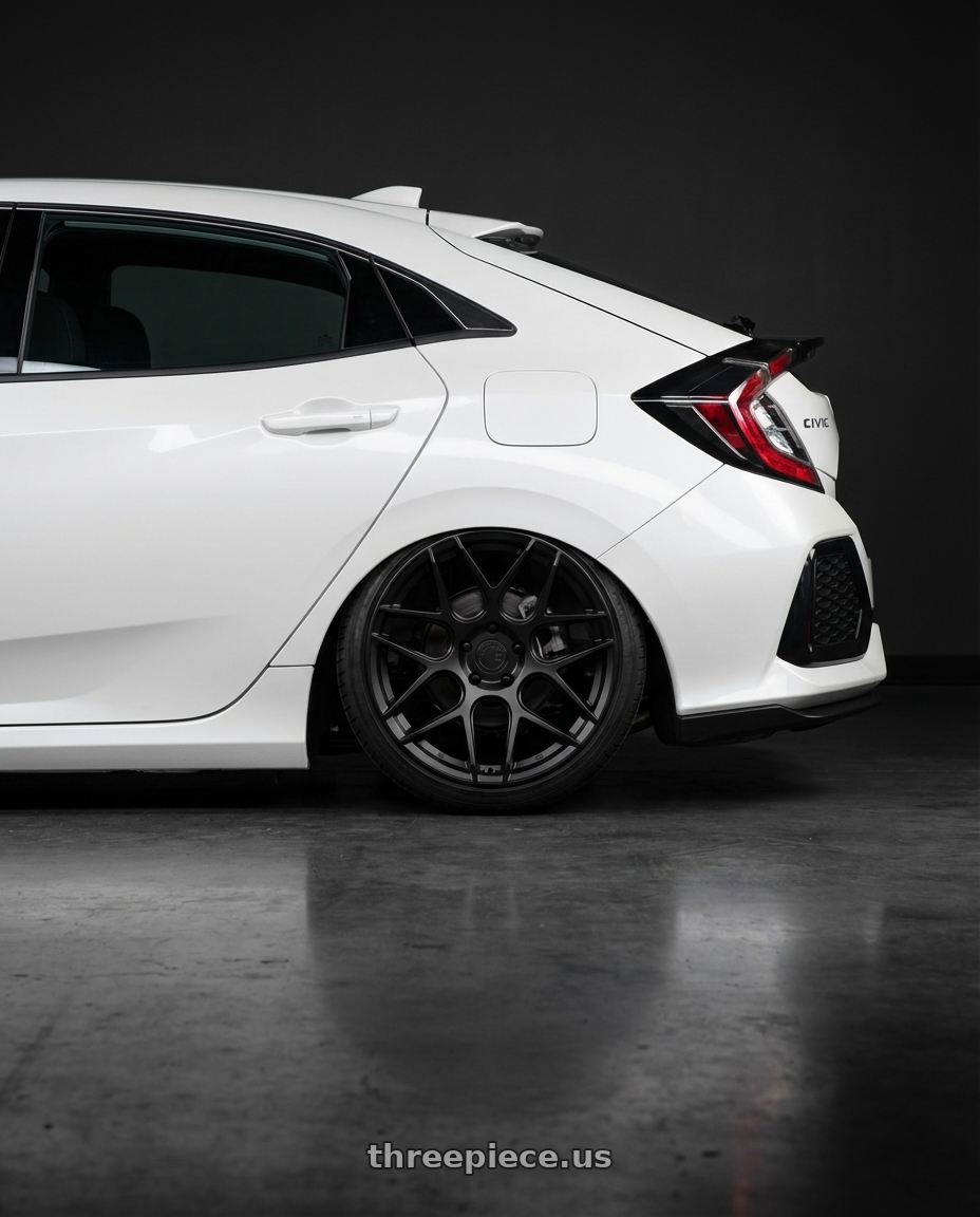 2019 Honda Civic with Aodhan AFF2 5x114.3 19x8.5+35 Matte Black wheels rear three quarter view slight stretch tires