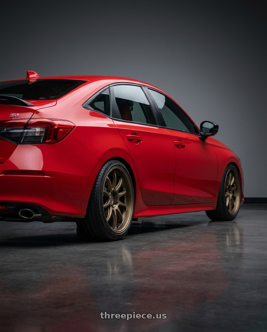 2026 Honda Civic Si with Work Emotion D9r 5x114.3 18x8.5 +38 Matte Bronze wheels rear three quarter view slight stretch tires