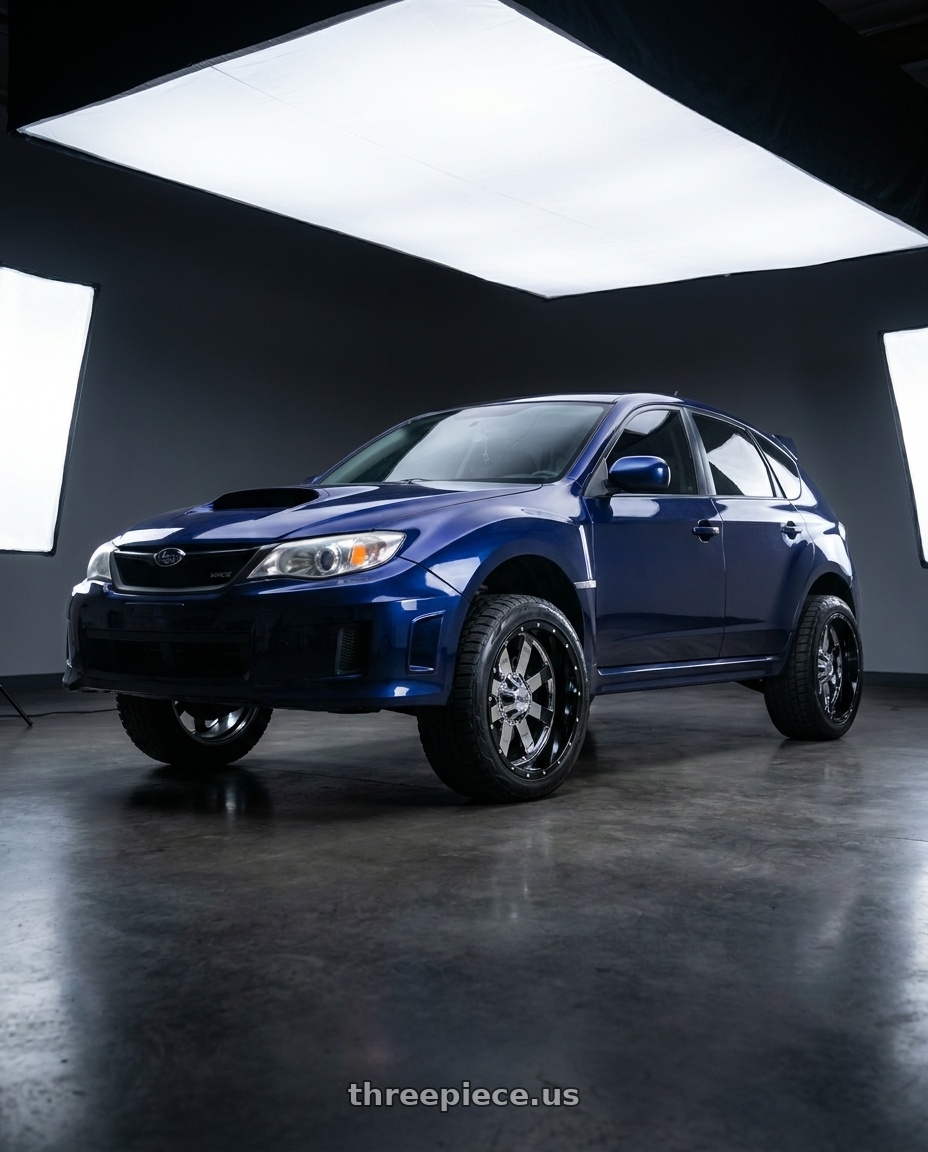 2012 Subaru Impreza WRX Base with Moto Metal MO200 5X127 20X10 -18 CHROME CENTER GLOSS BLACK MILLED LIP wheels