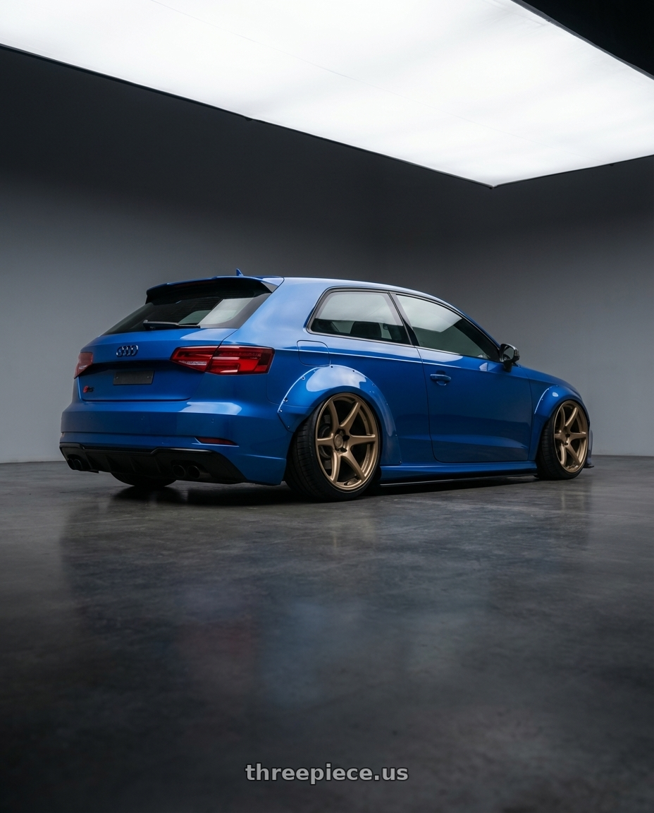 2019 Audi S3 8V with Kansei K11B Tandem 5X112 19x10.5 22 Bronze wheels rear three quarter view slight stretch tires