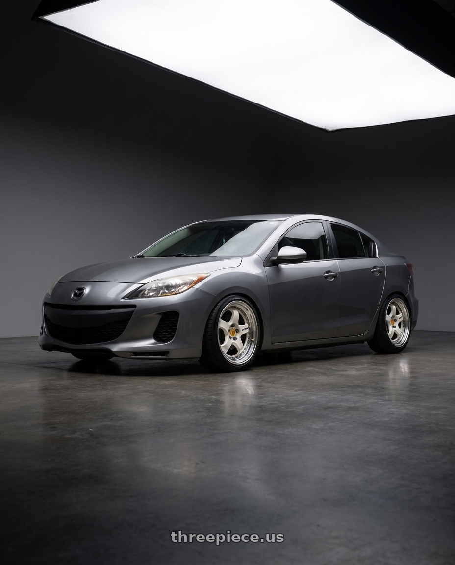 2013 Mazda 3 GS-SKY with Work Meister S1 3P 5x114.3 18x8+35 A Disk Bright Buff Finish wheels front three quarter view lowered stance