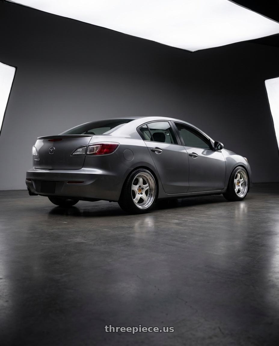 2013 Mazda 3 GS-SKY with Work Meister S1 3P 5x114.3 18x8+35 A Disk Bright Buff Finish wheels rear three quarter view square tires