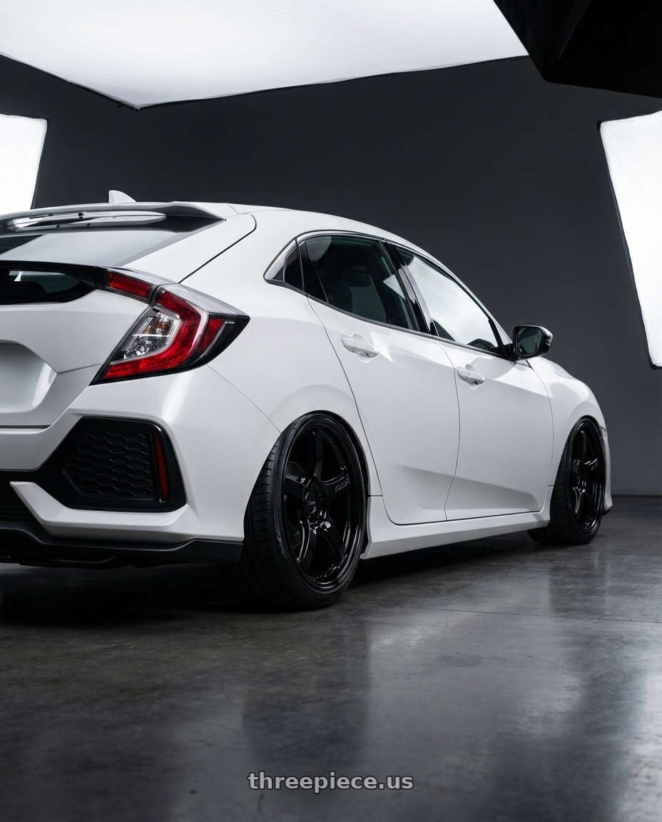 2019 Honda Civic with Gram Lights 57CR 5x114.3 19x8.5+35 Glossy Black wheels rear three quarter view slight stretch tires