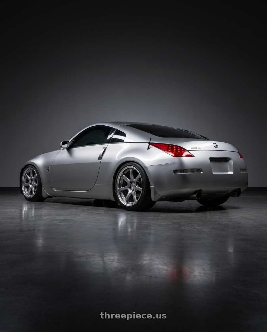 2008 nissan 350z base silver with Work T7r 2P 5x114.3 18x10.5 +22 GT SILVER wheels rear three quarter view square tires