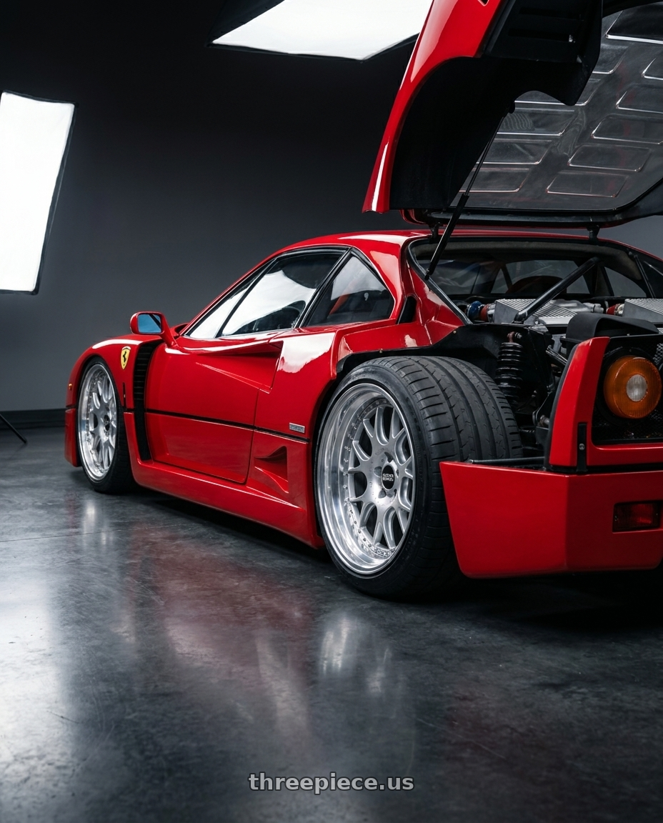 1989 Ferrari F40 with BBS CH-R 5x120 19x9.5 +35 Brilliant Silver Polished Rim Protector wheels rear three quarter view square tires