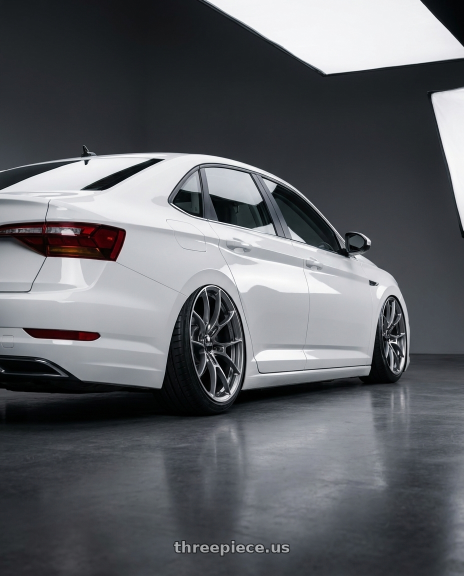 2019 Volkswagen Jetta Sel with Volk Racing G025 5x114.3 19x10.5 +22 FORMULA SILVER / DC wheels rear three quarter view extreme stretch tires