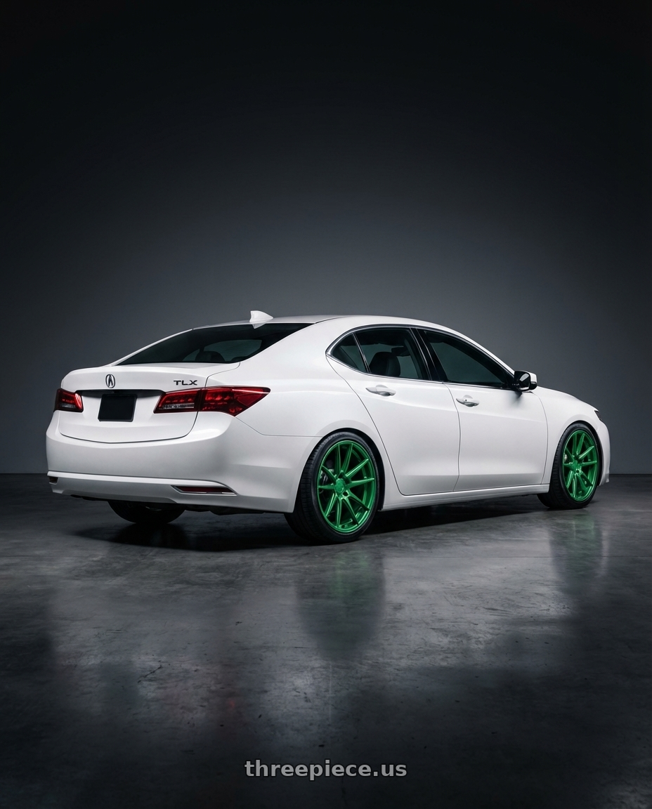 2015 Acura TLX 3.5 W / Tech Package with Ruff R351 4X100/4X114.3 17X7.5 +40 GREEN wheels rear three quarter view square tires