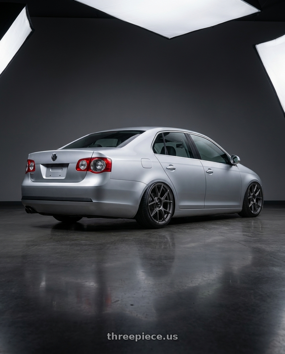2009 Volkswagen Jetta GLI MK5 with Konig Ampliform 5x112 18x8.5+43 Dark Metallic Graphite wheels rear three quarter view slight stretch tires