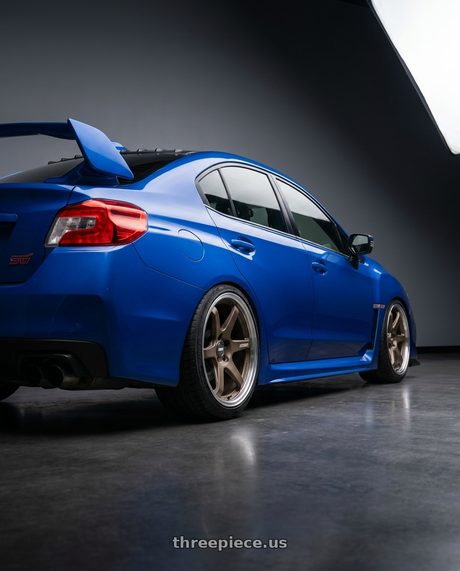 2013 Subaru WRX STI with ESR Wheels APEX SERIES AP6 5x114.3 18x8.5 +30 Matte Bronze wheels rear three quarter view square tires