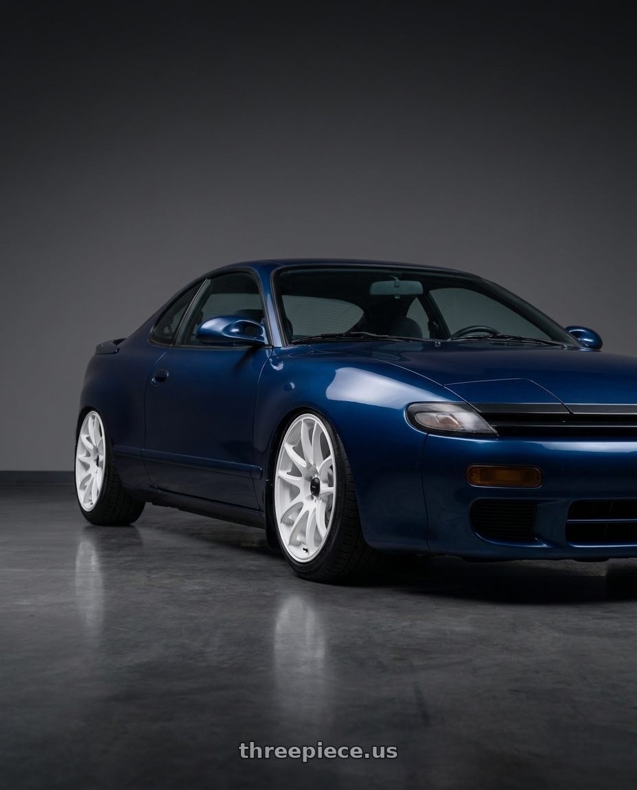 1990 Toyota Celica with Vors TR4 5x100 17x8  +35 White wheels front three quarter view stanced stance