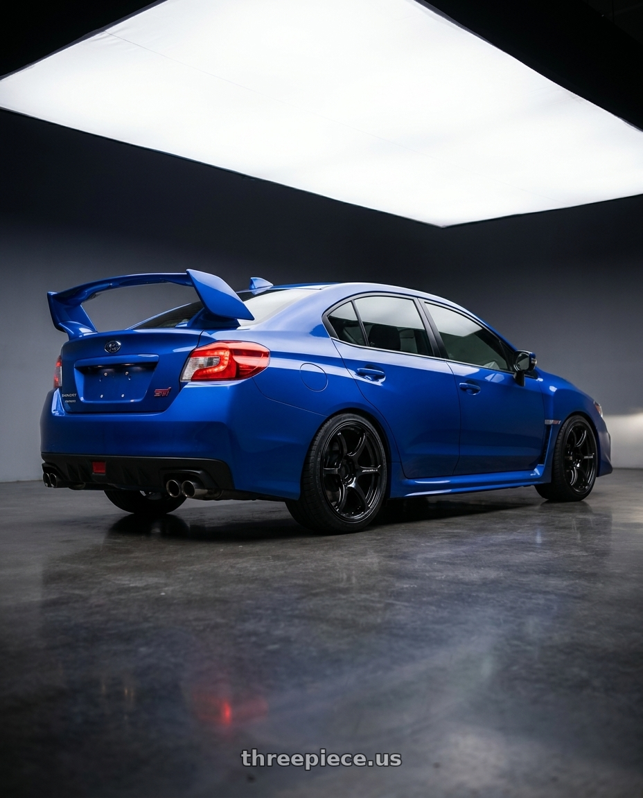 2018 Subaru WRX STI with Advan RGIII 5x114.3 18x10+35 Gloss Black wheels rear three quarter view square tires