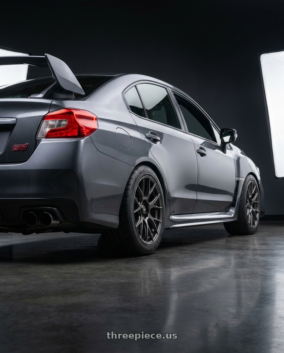 2021 Subaru WRX STI with Konig Ampliform 5x114.3 18x9.5+35 Dark Metallic Graphite wheels rear three quarter view meaty tires