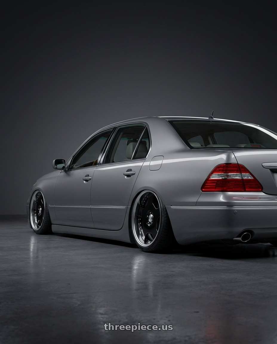 2004 Lexus LS430 with Work Lanvec Ld1 5x114.3 19x8.5+45 O Disk Black wheels rear three quarter view slight stretch tires