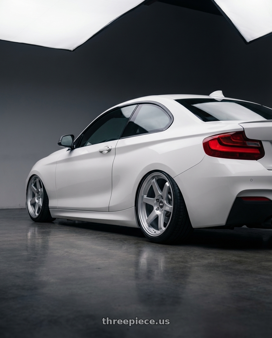 2018 BMW 2 Series F22 with ESR Wheels APEX SERIES AP6 5x120 19x9.5 +35 Hyper Silver wheels rear three quarter view slight stretch tires