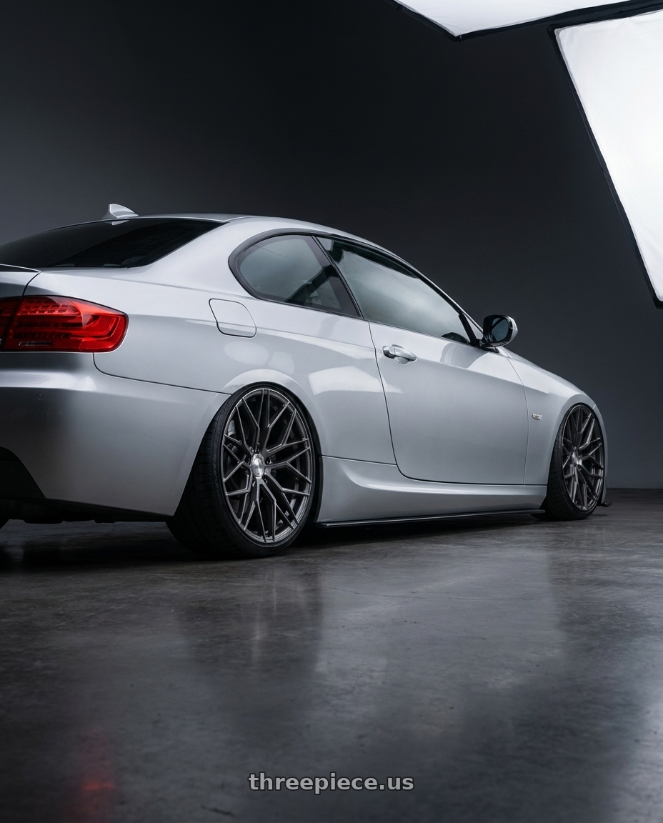 2012 BMW 3 Series E92 with Avant Garde Wheels M520R 5X120 19x8.5 +34 Dark Graphite Metallic wheels rear three quarter view slight stretch tires