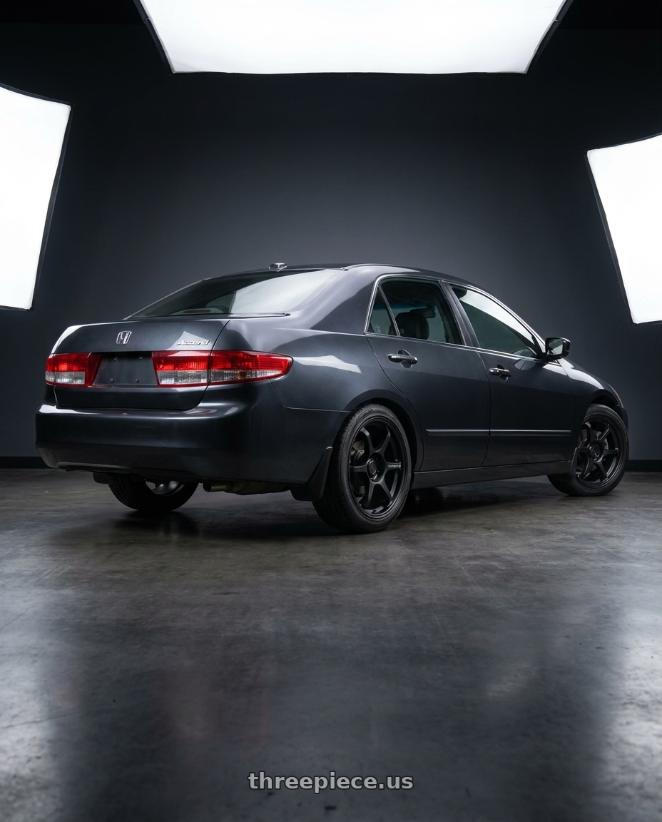 2005 honda accord with Motegi MR145 TRAKLITE 3.0 5X114.3 18X8.5 +35 SATIN BLACK wheels rear three quarter view square tires
