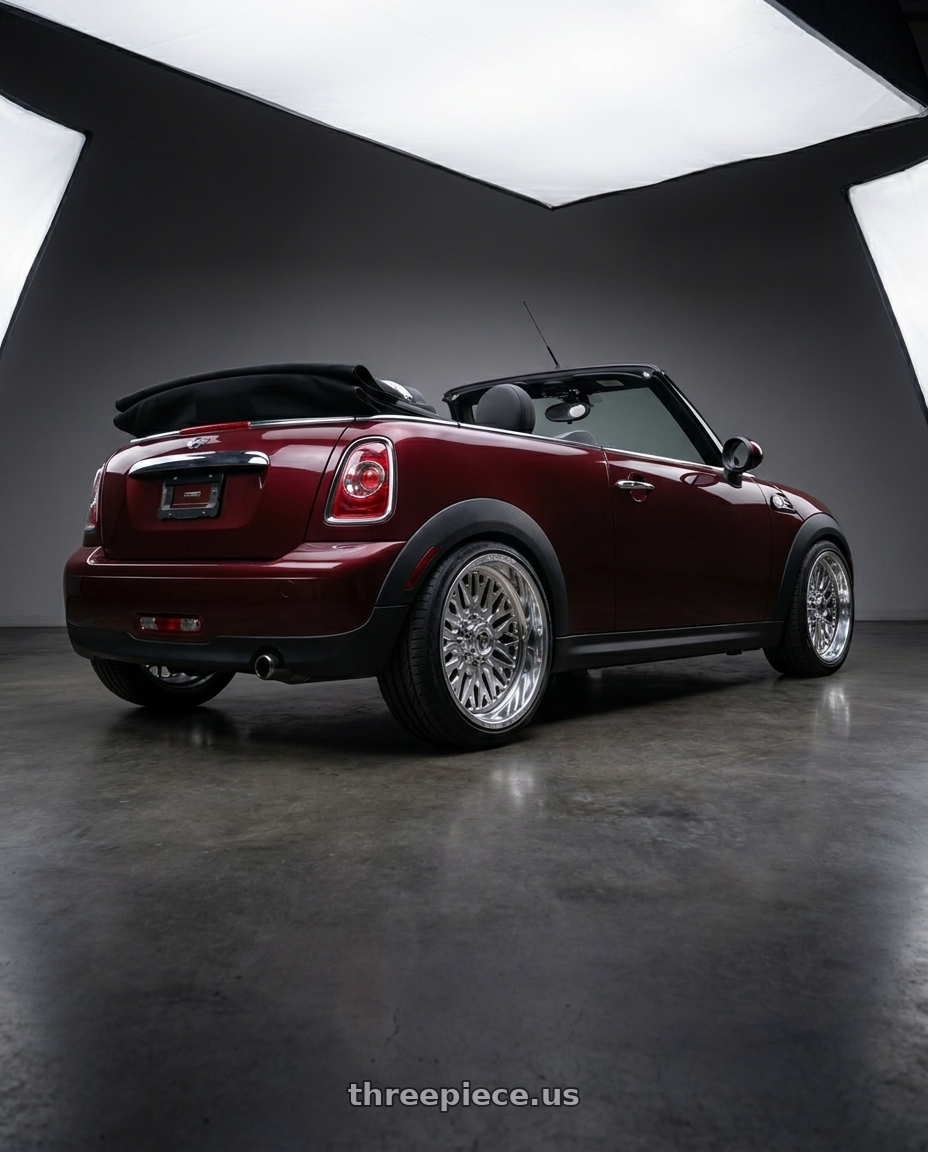 2014 r57 mini cooper convertible wine red with Fuel Forged FF109 8x165.1 20x9 +0 POLISHED wheels rear three quarter view slight stretch tires
