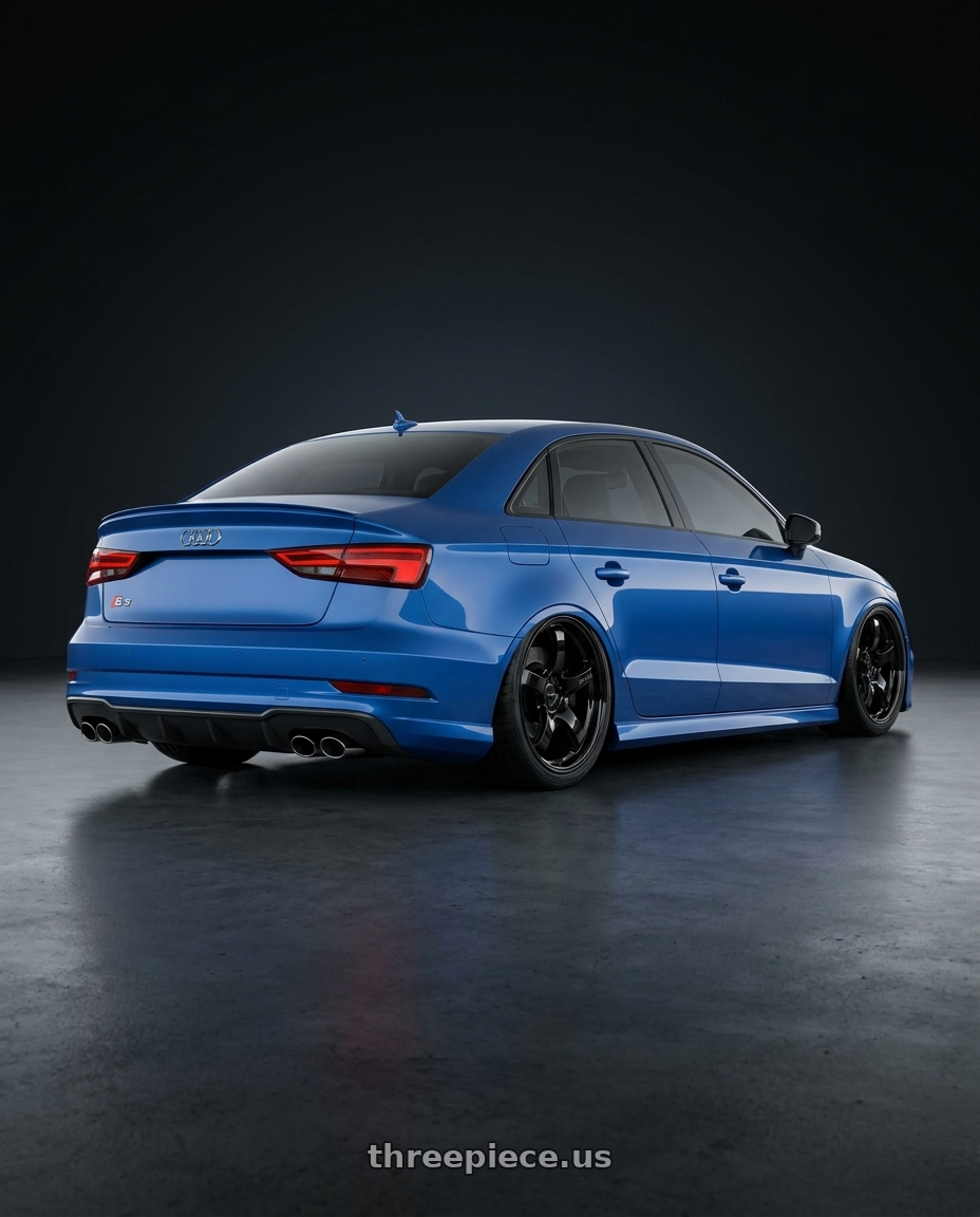 2019 Audi S3 8V with Gram Lights 57CR 5x112 19x9.5+25 Glossy Black wheels rear three quarter view slight stretch tires