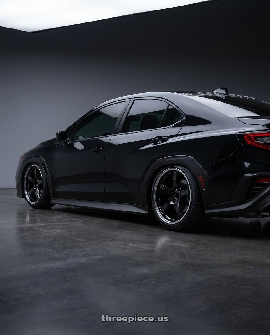 2025 Subaru wrx with dark tinted windows painted crystal black silica with Gram Lights 57CR 5x114.3 18x8.5+50 Glossy Black wheels rear three quarter view slight stretch tires