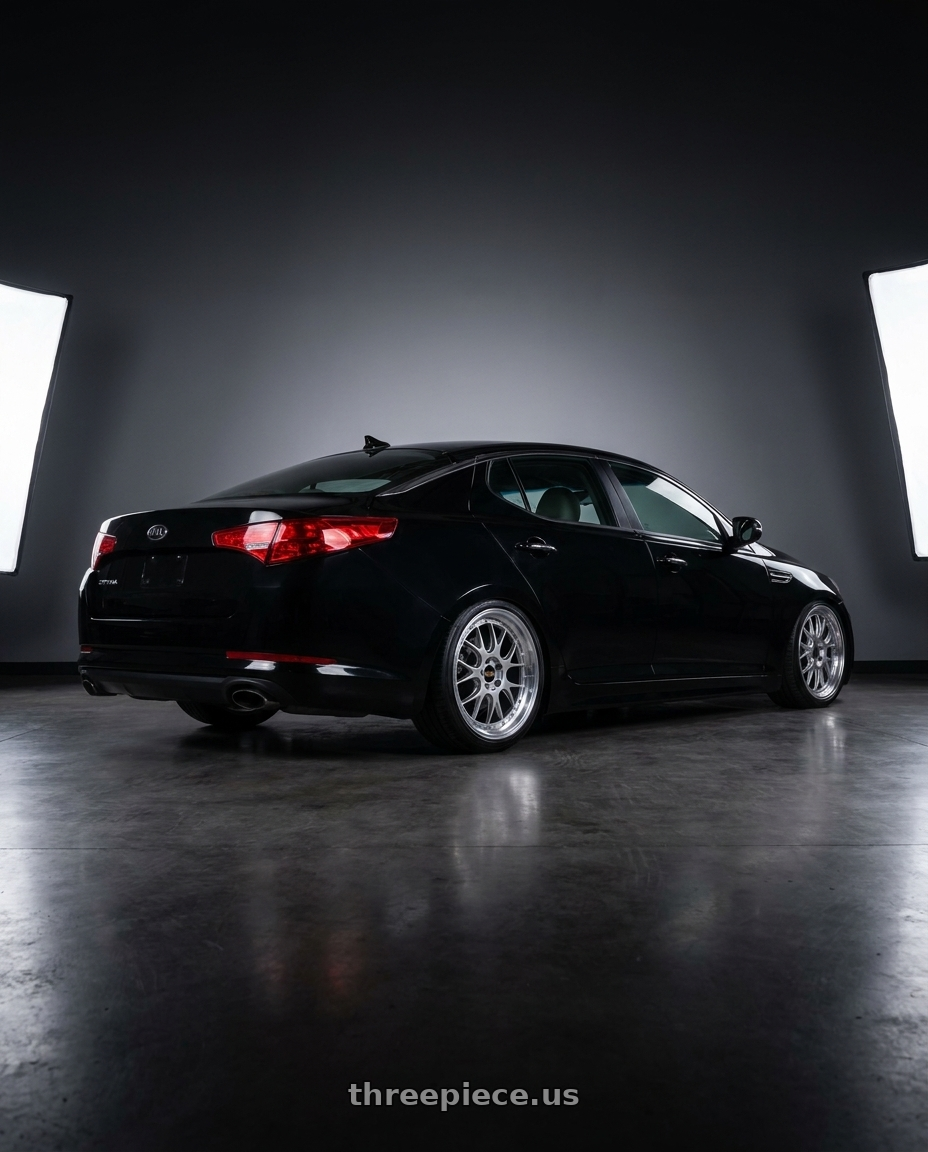 2010 kia optima Black with BBS LM-R 5x114.3 19x8.5+43 Diamond Silver wheels rear three quarter view square tires