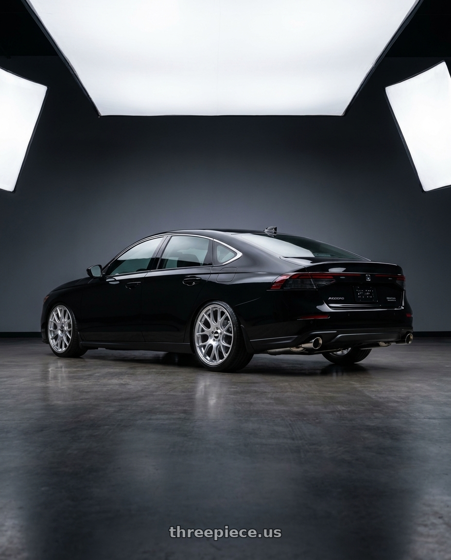 2024 HONDA CY2 ACCORD , BLACK ,  ALUMINUM ALLOY EXHAUST PIPE, THE SIDE STRIPS AND BOTTOM PLASTIC PANELS WERE REPLACED WITH BODY-COLORED PAINT. THE ENTIRE CAR APPEARED IN THE PICTURE. with BBS CH-R 5x114.3 20x8.5 +38 Brilliant Silver Polished Rim Protector wheels rear three quarter view slight stretch tires