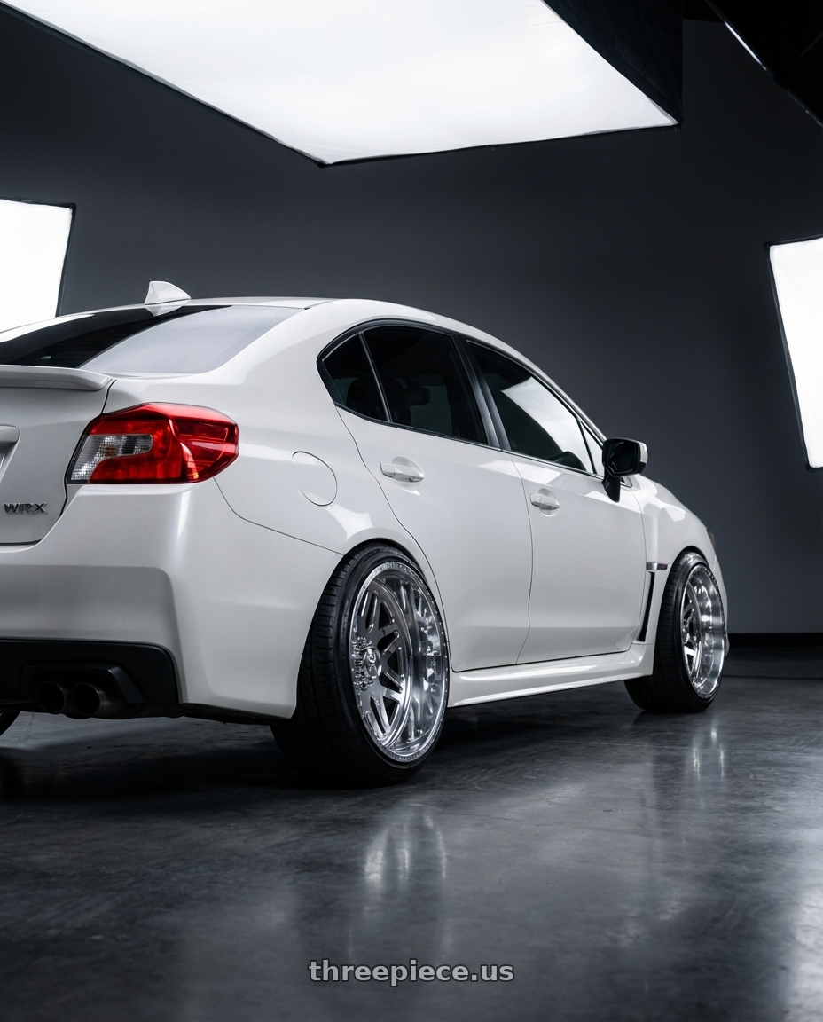 2017 Subaru WRX Limited, Crystal Pearl White with American Force B02 Trax SS 6X139.7 20X12 -40 POLISHED wheels rear three quarter view extreme stretch tires
