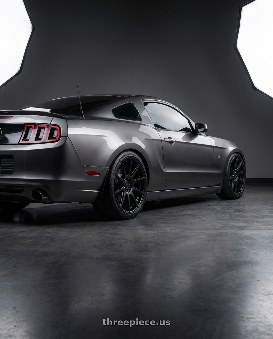 2014 ford mustang with Niche 1PC M147 ESSEN 5X114.3 20X9 +35 MATTE BLACK wheels rear three quarter view square tires