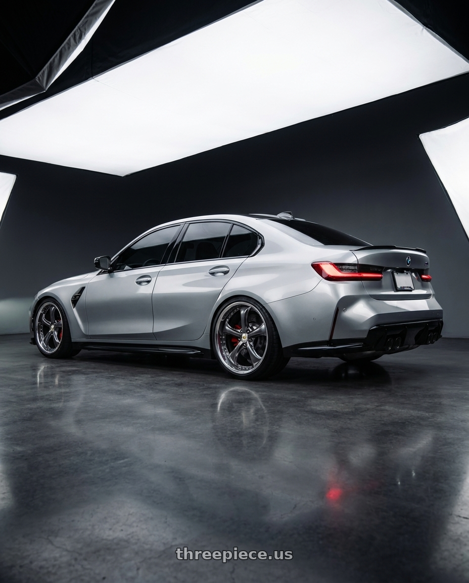 2022 m3 competition with Work Wheels VS-KF 5X114.3 19x7.5+34 Brilliant Silver Black A Disk FULL REVERSE wheels rear three quarter view square tires