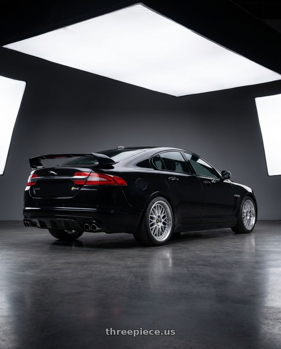 2015 Jaguar XFR-S with Work Vs-Xx 5x100 18x7+51 A Disk Light Grey Silver wheels rear three quarter view square tires