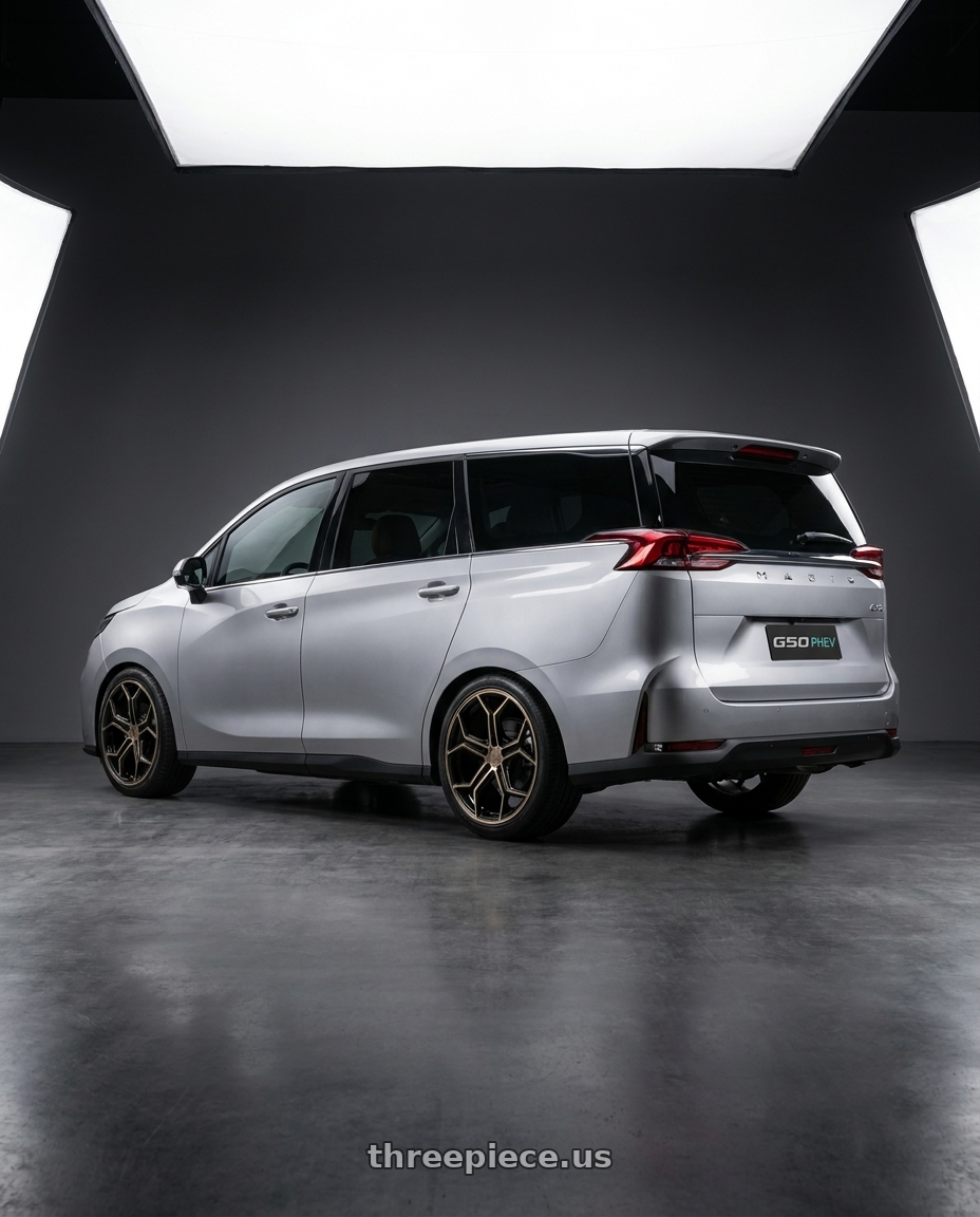 2026 MG G50 PHEV with XO HELSINKI 5X112 19X10 +52 DARK BRONZE W/ BRUSHED BRONZE FACE wheels rear three quarter view square tires