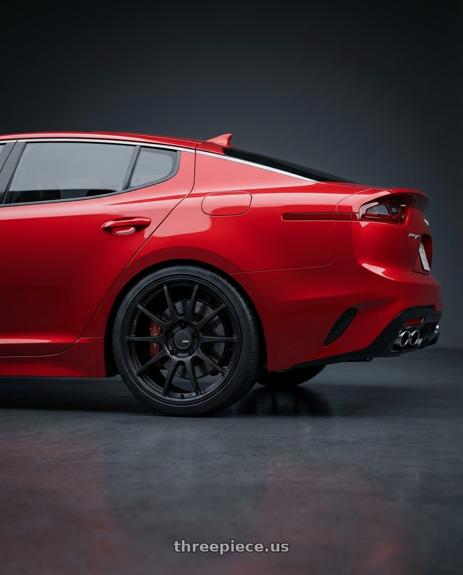 2022 Kia Stinger GT with Ssr Gtv02 5x114.3 19x8.5+38  FLAT BLACK wheels rear three quarter view square tires