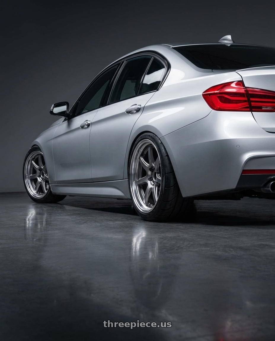 2017 BMW 340i with Work T7r 2P 5x120 18x9.5 +45 GT SILVER wheels rear three quarter view meaty tires