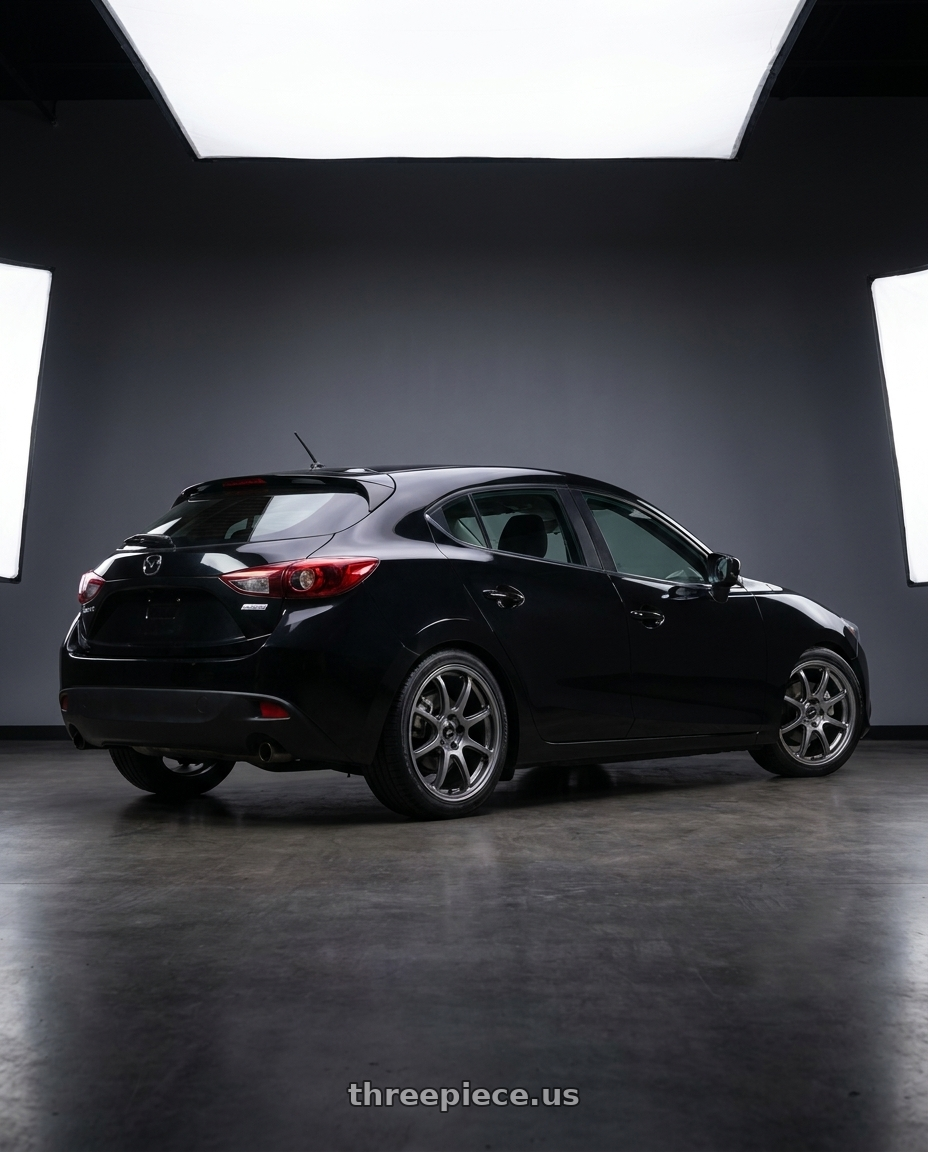 2016 mazda 3 isport hatchback with Enkei PF09 5x114.3 18x7.5+48 Dark Silver wheels rear three quarter view square tires