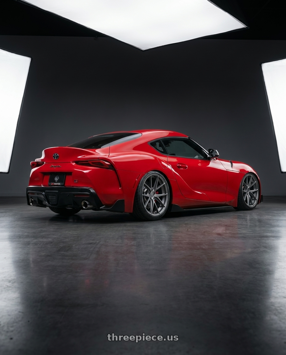 2023 Toyota GR Supra with Niche 1PC M116 MISANO 5X112 19X8.5 +42 MATTE GUN METAL wheels rear three quarter view slight stretch tires