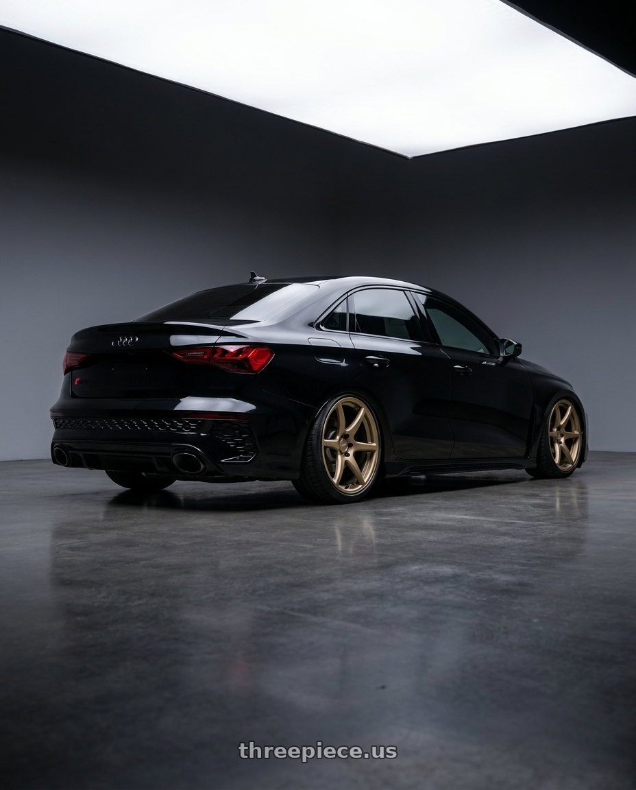 2022 Audi RS3 8Y with Kansei K11B Tandem 5X112 19x9.5 22 Bronze wheels rear three quarter view slight stretch tires