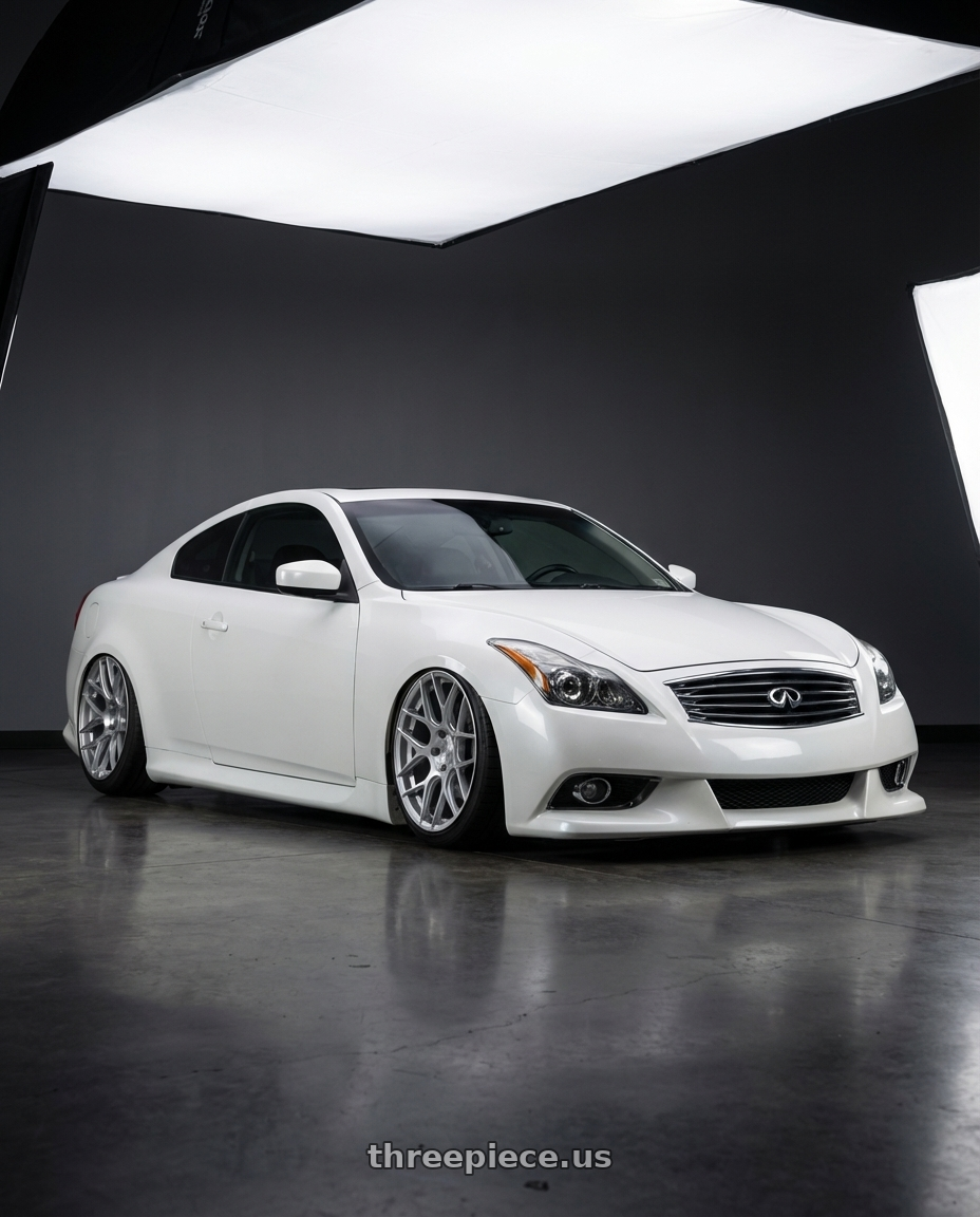 2014 Infiniti G37 Coupe with Aodhan AFF2 5x114.3 19x9.5+35 Gloss Silver Machined Face wheels front three quarter view stanced stance