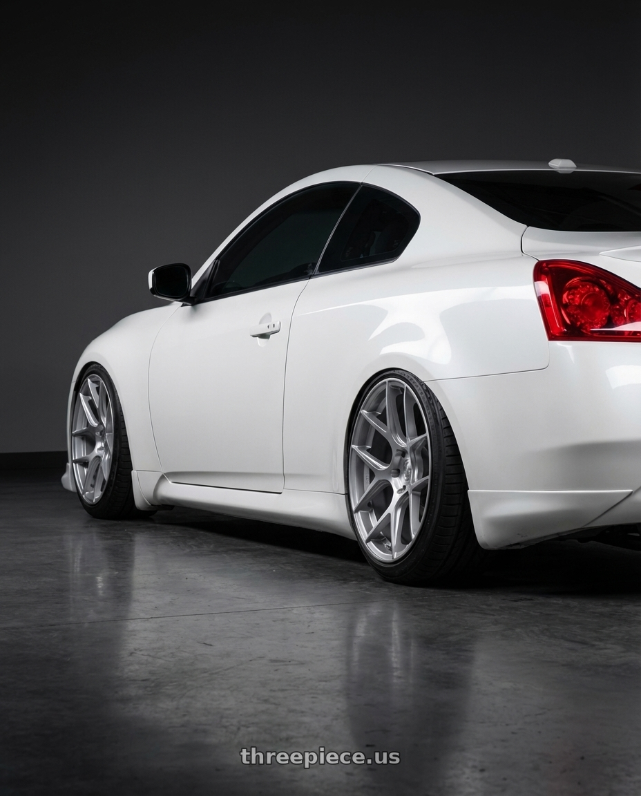 2014 Infiniti G37 Coupe with Aodhan AFF2 5x114.3 19x9.5+35 Gloss Silver Machined Face wheels rear three quarter view slight stretch tires