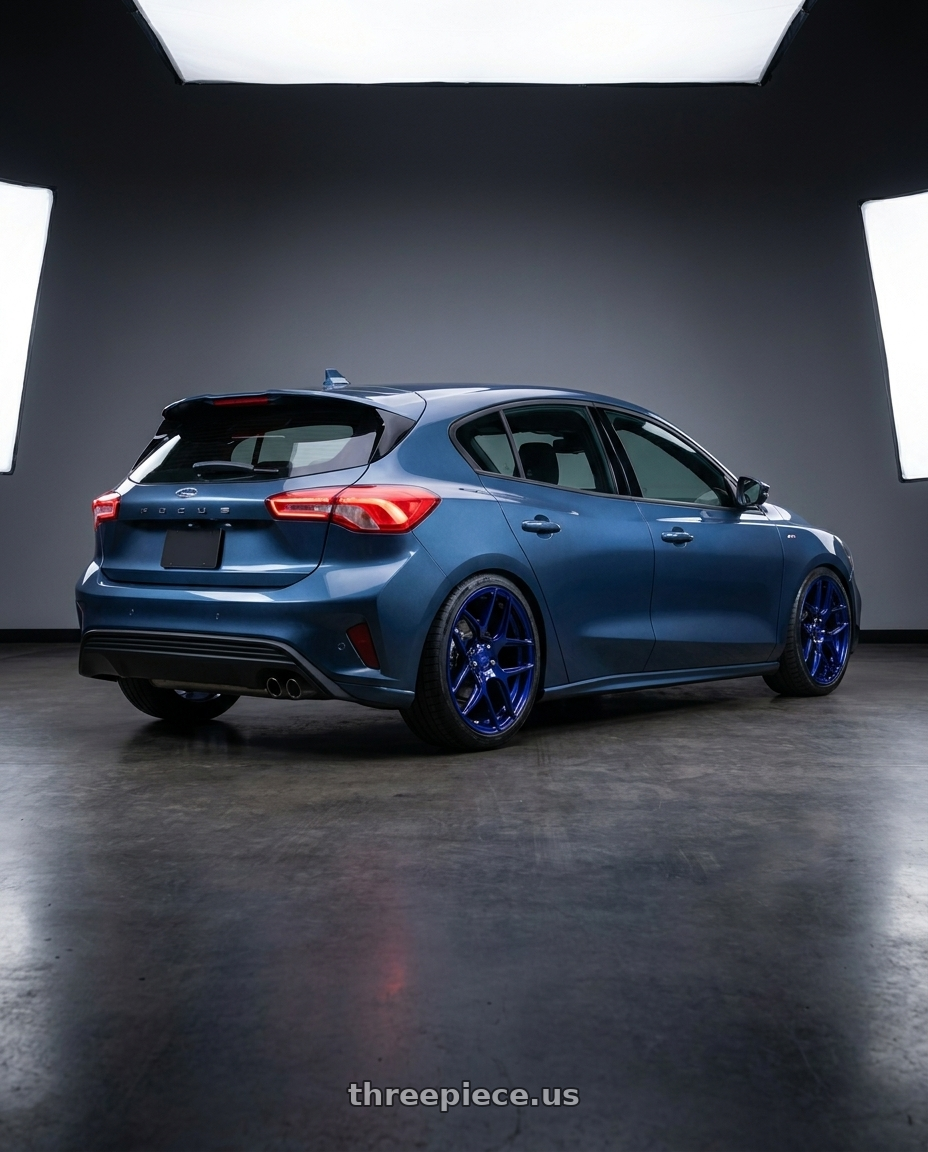 2020 Ford Focus Mk4 Hatchback St Line with MRR FS1 5x114.3 18x8.5  +20 Candy Blue wheels rear three quarter view square tires